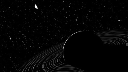 Black planet with rings, crescent moon, and stars. Space vector background. Minimalist cosmos illustration for web design, wallpaper. © hiten666