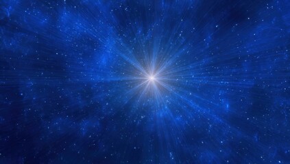 A vibrant, deep blue cosmic expanse radiates outward from a brilliant central light source, filled with star-like particles and streaks of light.