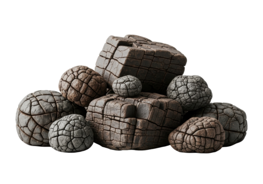 A compact pile of dark brown, textured natural rock formations with cracks and jagged edges, isolated on a transparent background with ample copy space, soft studio lighting. Concept for raw nature
