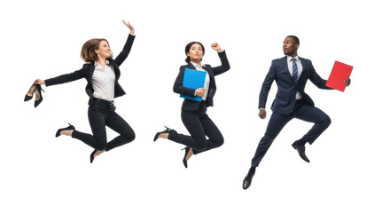 Fototapeta premium Diverse professionals in business attire mid-air in energetic, synchronized jumps against a bright white studio background, conveying professional agility and success.