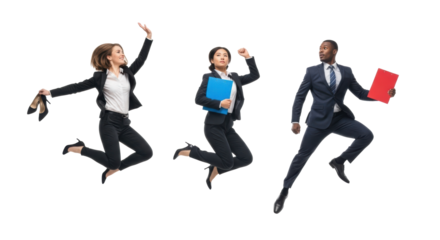 Diverse professionals in business attire mid-air in energetic, synchronized jumps against a bright white studio background, conveying professional agility and success.