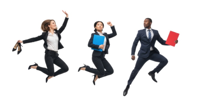 Diverse professionals in business attire mid-air in energetic, synchronized jumps against a bright white studio background, conveying professional agility and success.