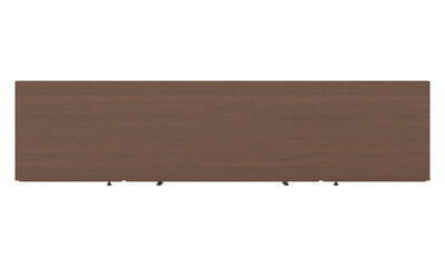 A top-down view captures a long, wooden table with legs, showcasing its rich, brown texture and design against a dark background.