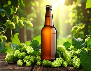 Beer bottle surrounded by hops