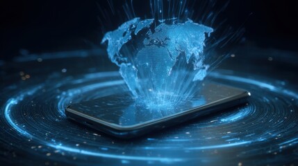 Obraz premium Luminous Blue Holographic Earth Emanating from a Smartphone Amidst Swirling Data Streams.