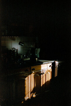 Morning sun rays falling on the kitchen counters. 