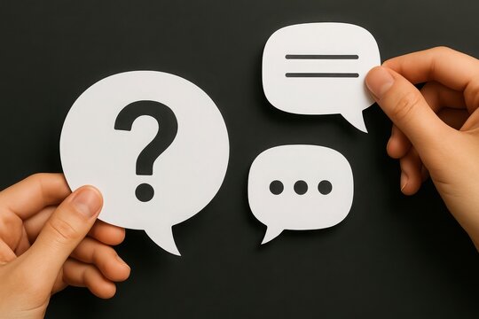 Hands hold speech bubbles with question mark and chat icons