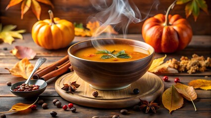 Enjoy warm autumn pumpkin soup with cinnamon and star anise, perfect for Thanksgiving celebrations