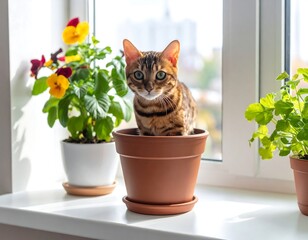Bengal cat in terracotta pot on windowsill