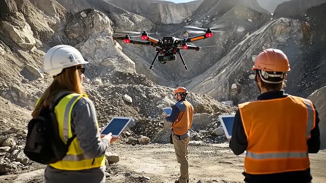 Drone surveying a quarry site with workers monitoring data on tablets in a rugged landscape