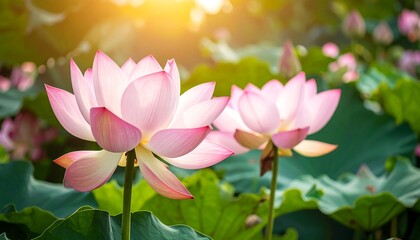 Fototapeta premium Pink lotus blossoms in sunlight