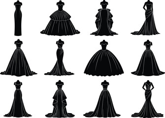 Elegant black dress silhouettes, formal gown vector set, fashion design inspiration, evening wear collection, stylish garment illustration for Adobe Stock content