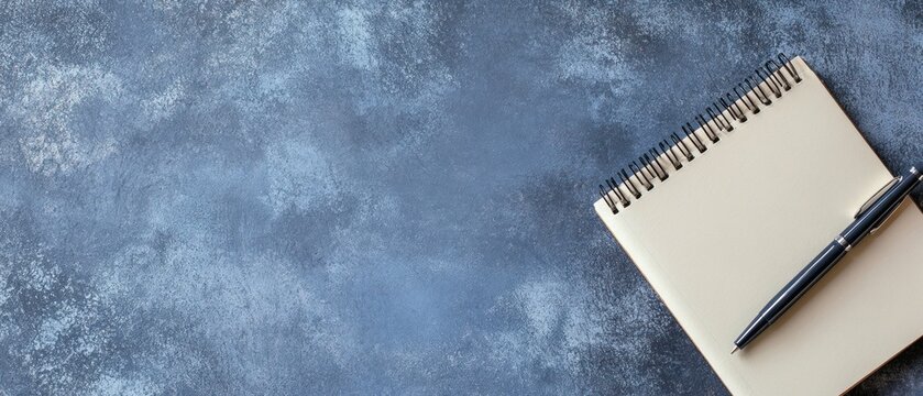 Spiral notepad and pen on textured blue surface overhead shot