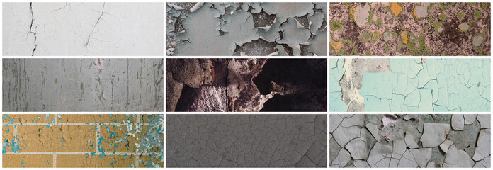 Set of peeling paint textures. Old concrete walls with cracked flaking paint. Weathered rough...