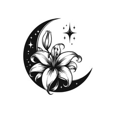 Fototapeta premium Moon with lily flower and stars in mystical vintage style