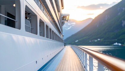 Luxury cruise ship deck with ocean and mountain views