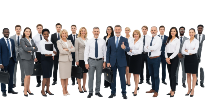 Diverse multi-ethnic professionals in professional attire, one man giving thumbs-up, on a high-key white studio background with copy space. Concept of professional success - Powered by Adobe