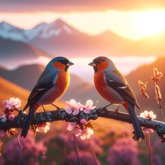 Birds on branch, mountain sunrise
