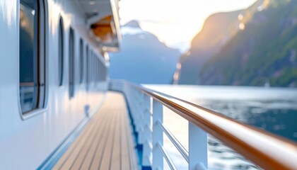 Modern Cruise Ship Exterior with Deck Railings and Ocean Horizon