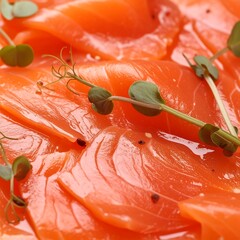 Close-up of sliced smoked salmon with microgreens