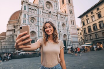 Fototapeta premium A cheerful woman takes a selfie in front of a stunning historical building capturing the beauty of travel and happiness