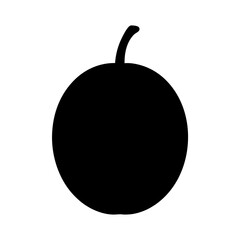 Fototapeta premium Black plum silhouette icon on white background-Simple black silhouette of a plum with stem, isolated on white background, representing fruit, freshness, and minimal vector design.