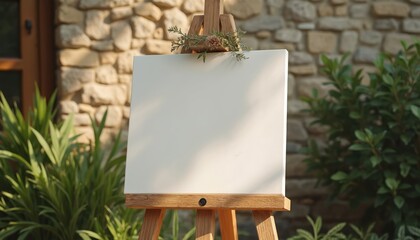 Blank white canvas on wooden easel, mockup for boho wedding sign. Natural stone wall and greenery backdrop. Perfect for event announcements, custom messages, or artistic display with copy space.