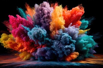Paint pigments explosion on black background. Different colours burst with dynamic visual effect. Vibrant colorants blast