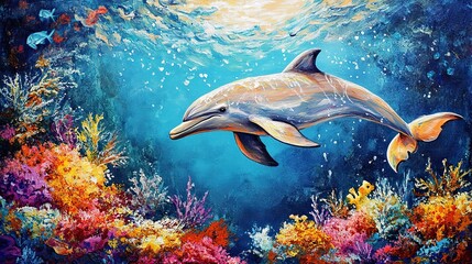 D&D art of a dolphin in an alien sea. It's surrounded by exotic coral and alien fish. Beautiful ocean tableau with a single dolphin as the focus.