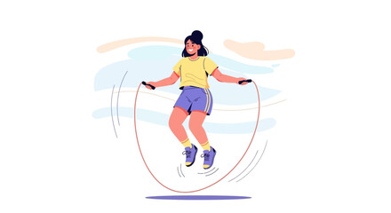 Woman Enjoying Exercise by Jumping Rope Against The Background with Blue and Yellow Accents