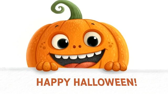 Happy halloween pumpkin character peeking over a white banner with text 4k video