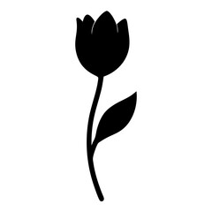 Silhouette of tulip flower-Black silhouette of a tulip flower with a long stem, a single leaf, and a closed petal bloom, representing elegance and simplicity in floral design.