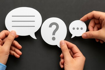 Hands holding speech bubbles with question mark and text symbols