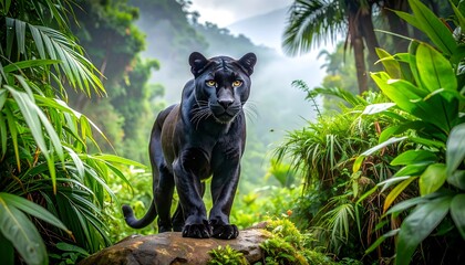 Black panther in lush jungle