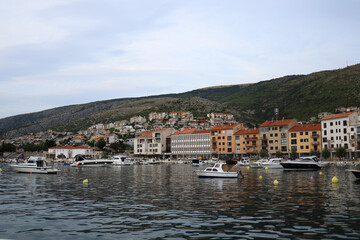 Senj, Croatia. Beautiful view of the yacht, harbor, mountains and old town