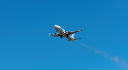 Obraz premium White Passenger Jet Ascending into a Clear Blue Sky with Subtle Contrails