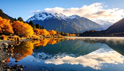 Autumn lake reflecting snowy mountains