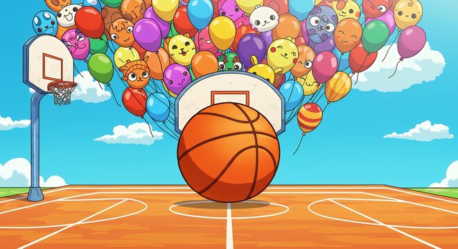 Basketball with balloons and cartoon birds