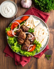 Grilled meat balls, rice, and vegetables on a plate with pita bread and a sauce