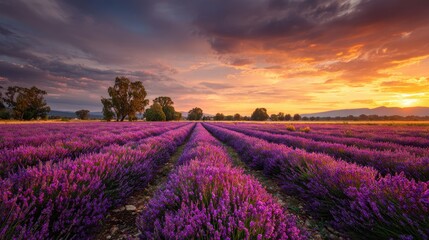 Obraz premium Fiery Sunset Ignites a Vast, Fragrant Lavender Field in Full Bloom.
