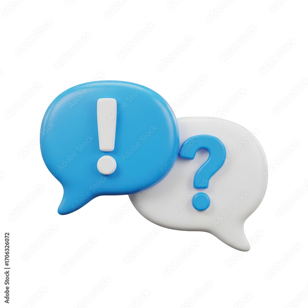 Poster interconnected speech bubbles with exclamation and question marks in 3d rendering, representing comm