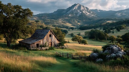 Scenic rustic barn in alpine meadow surrounded by mountains high resolution image