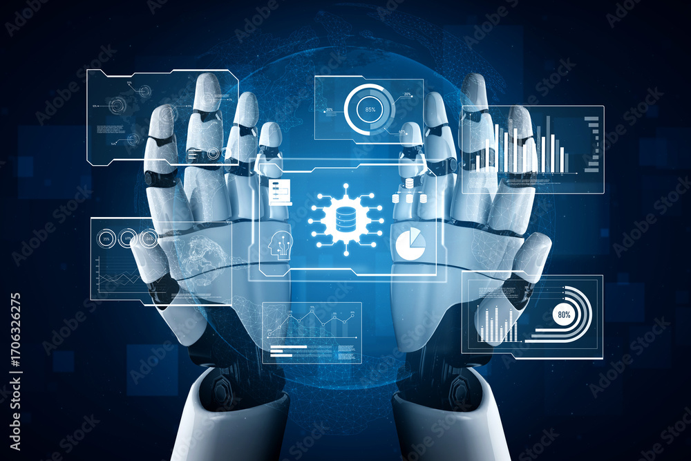 Poster ai reading big data visualization dashboard, analyzing insights, identifying patterns, and generatin