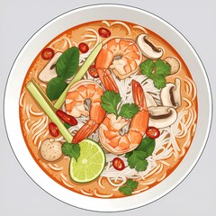 Spicy Thai Tom Yum Goong Noodle Soup with Prawns, Overhead View
