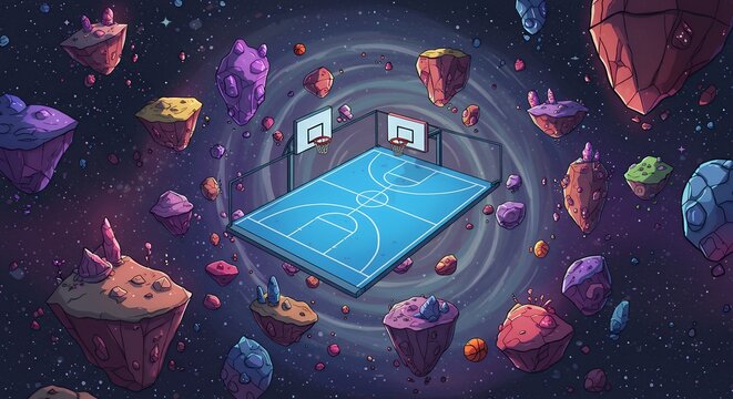 Floating basketball court in outer space
