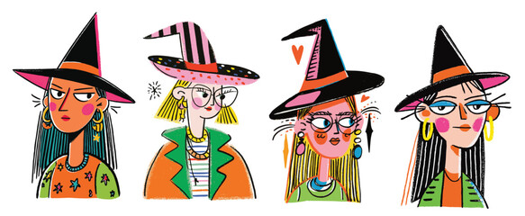 Colorful doodle illustration of quirky Halloween witches in hand drawn cartoon style