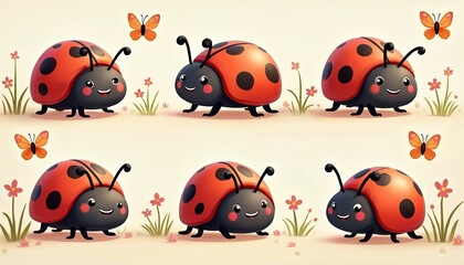 Obraz premium Cute cartoon ladybugs explore whimsical garden with butterflies. Adorable insects in various playful poses amidst flora. Vibrant, colorful illustration, ideal for children content, representing