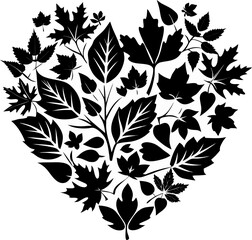Autumn leaves forming the shape of a heart. silhouette vector black , white background 