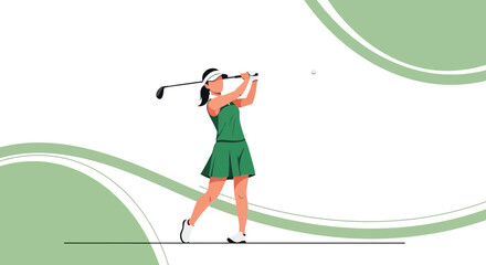Woman Playing Golf and Showing The Swing of The Golf Club Against Green Background