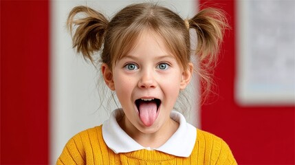 Young girl with blue eyes and blonde hair is smiling and sticking out her tongue. Concept of playfulness and innocence, as the girl is posing for a picture with her tongue out